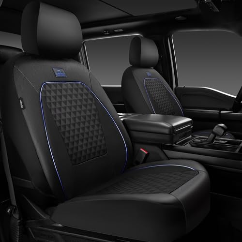 Outlet Leather Car Seat Covers Gel Wetsuit PU Front Seat Cover Waterproof EVA 2pcs All Weather Neoprene Universal Fit Pickup SUV Truck Sedan Automotive, Armrest Airbag Compatible, Rhombic Blue Strip - color: Black Blue, size: Front Seats