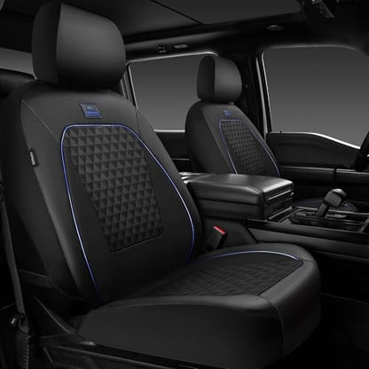 Outlet Leather Car Seat Covers Gel Wetsuit PU Front Seat Cover Waterproof EVA 2pcs All Weather Neoprene Universal Fit Pickup SUV Truck Sedan Automotive, Armrest Airbag Compatible, Rhombic Blue Strip - color: Black Blue, size: Front Seats