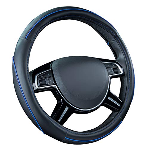 Car Pass Colour Piping Leather Universal Fit Steering Wheel Cover,Perfectly fit for 14.5-15 inches Suvs, Vans, Trucks, Sedans, Cars (Black&Blue) - color: Black and Blue