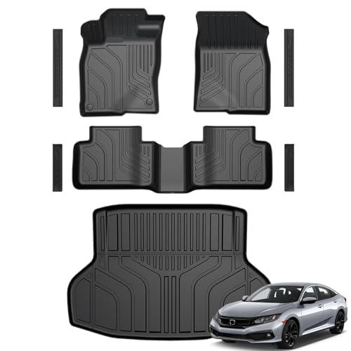 Floor Mats for Honda Civic 2016-2021, All Weather Floor Mats Trunk Cargo Liner and Door Sill Guards Accessories, Full Coverage Set (Fit Sedan Models)