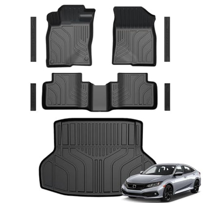 Floor Mats for Honda Civic 2016-2021, All Weather Floor Mats Trunk Cargo Liner and Door Sill Guards Accessories, Full Coverage Set (Fit Sedan Models)