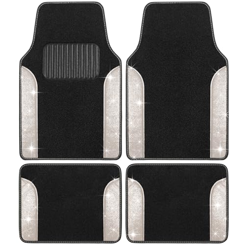 Carbella Glitter Bling Car Mats 4-Piece Set, Two-Tone Shiny Carpet Car Floor Mats, Stain-Resistant Floor Mats for Cars for Women, Universal Car Mat Set, Automotive Floor Mats - White Pearl