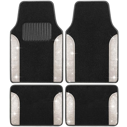 Carbella Glitter Bling Car Mats 4-Piece Set, Two-Tone Shiny Carpet Car Floor Mats, Stain-Resistant Floor Mats for Cars for Women, Universal Car Mat Set, Automotive Floor Mats - White Pearl