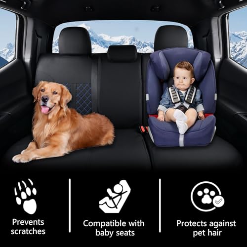 Truckiipa Full Set Leather Seat Covers Fit for Toyota Tacoma Full Coverage Waterproof Seat Covers Cushion Protector Fit for 2016-2023 Toyota Tacoma Double Crew Cab, Full Set, Black&Blue