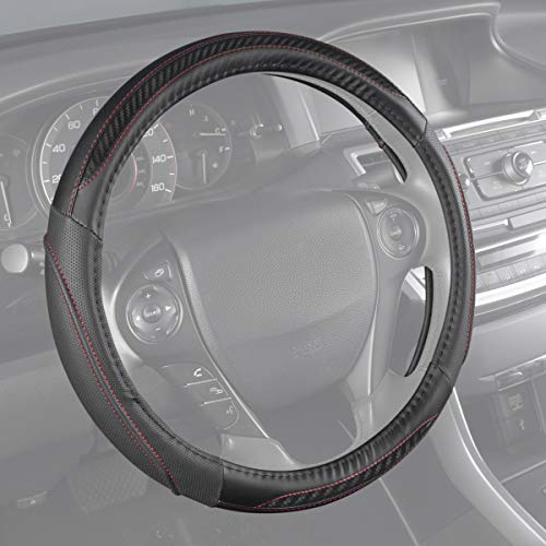 BDK UltraSport Steering Wheel Cover - Perforated Microfiber Leather with Carbon Fiber Detail & Contrast Stitching Black w/Red Stitching