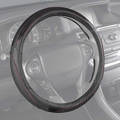 BDK UltraSport Steering Wheel Cover - Perforated Microfiber Leather with Carbon Fiber Detail & Contrast Stitching Black w/Red Stitching