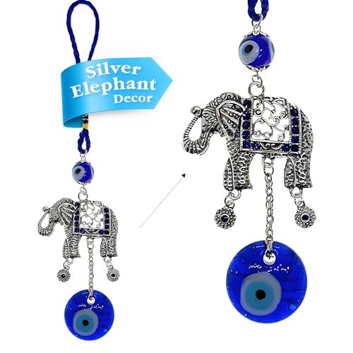 LUCKBOOSTIUM Silver Elephant with Evil Eye Beads in Blue, White & Black Resin w/Rhinestones & Tassels– Charms & Protective Car Hanging Ornament for Rear View Mirror, Keychain, Bag & Home/Office Decor - color: Silver 10