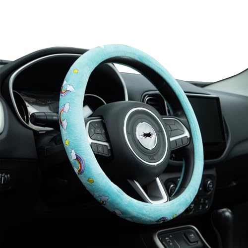 Embroidered Rainbow Cute Blue Steering Wheel Cover, Auto Anti-Slip Breathable Steering Wheel Protector,Rainbow Car Accessories for Women,Universal Size Fit Most Cars -15 inch - color: Rainbow