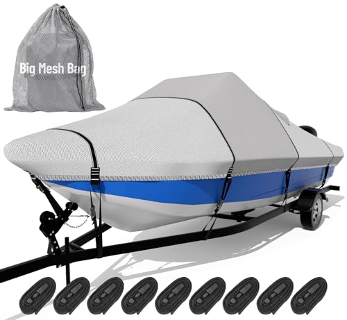 1600D+1200D Tearproof Center Console Boat Cover with 2" Wide Loops for Trailering and Mooring - Ultra Durable Waterproof Fits 14-16ft Center Console Boat, with Storage Bag - color: Gray, size: 14' - 16' L, Beam Width UP to 90" W