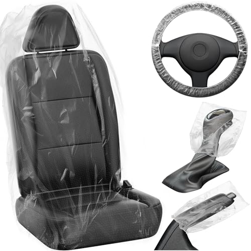 MYFAMIREA 250 PCS Disposable Car Seat Covers Clear Plastic Vehicle Seat Protector Set with Steering Wheel, Gear Shift and Handbrake Covers, Universal for Cars Auto Truck Bus Airplane - color: Car Seat Covers Set, size: 250 PCS