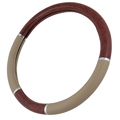 BDK Dark Wood Grain Car Steering Wheel Cover, Standard 15 inch with Beige Faux Leather Grip, Made to Fit Most Auto Truck Van SUV - color: #1-Beige / Dark Wood, size: Fits 14.5 - 15" SW