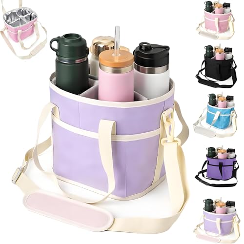 Drink Carrier Bag for 4 Cups, Insulated Drink Carrier with 4 Compartments, Portable Tumbler Holder with Adjustable Strap, Drink Caddy Tote for Coffee, Travel, Takeout & Outings (Light Purple) - color: Light Purple
