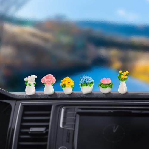 CusDusk 6 Pack Small Vase Car Dashboard Decorations, Mini Resin Cute Flowers Vehicles Rear View Mirror Ornaments, Automotive Interior Accessories for Women Men