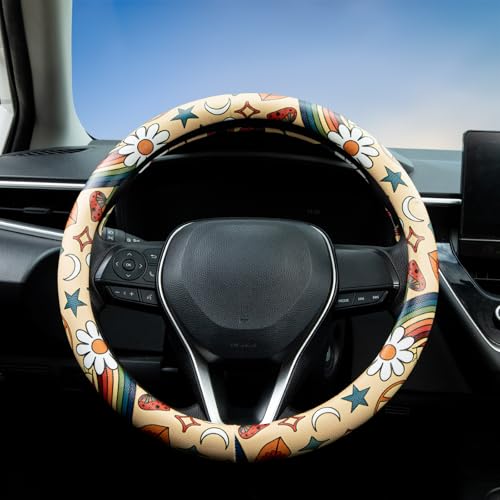 Rainbow Love&Peace Steering Wheel Cover Auto Jacquard Steering Wheel Protector, Anti-Slip, Breathable, Absorbing Sweat, Universal Car Accessories 14.5–15 inch,Fit for Most Car, Trucks, SUV - style: Rainbow Love and Peace
