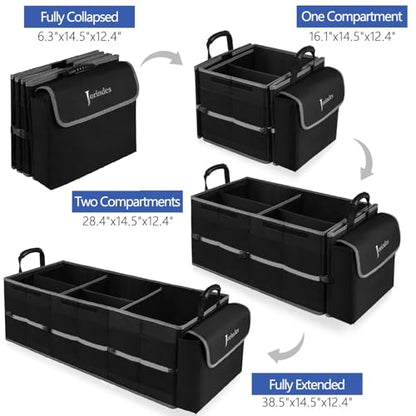 Collapsible Trunk Organizer for Car with Insulated Leak proof Cooler Bag, 3 Compartments SUV Cargo Organizer Removable Dividers, 5 in1 Car Storage Organizer with Foldable Lid,2 Tie-Down Straps(Black)