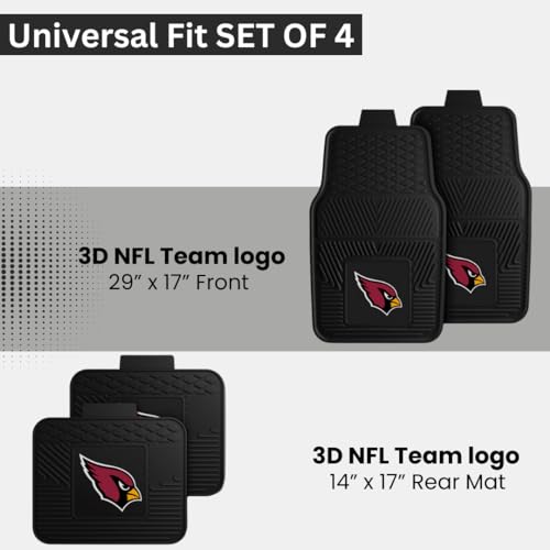 Fanmats Arizona Cardinals Set of 4 Car Mats for Cars, SUV, Pickups - All Weather Technology Protection, Deep Reservoir Design, Universal Fit - 3D NFL Team Logo - 29”x17” Front - 14” x 17” Rear Mat