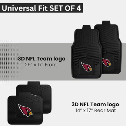 Fanmats Arizona Cardinals Set of 4 Car Mats for Cars, SUV, Pickups - All Weather Technology Protection, Deep Reservoir Design, Universal Fit - 3D NFL Team Logo - 29”x17” Front - 14” x 17” Rear Mat