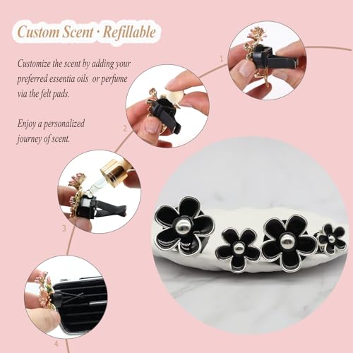 ORIESSE 4pcs Cute Daisy Flowers Car Air Freshener Vent Clips,Girly Flowers Car Accessories for Women,4 Sizes Sparkle Black Silver Flower Car Vent Clips,Refillable Clips On Car Diffuser