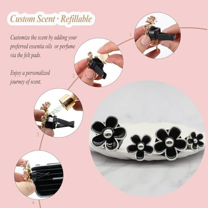 ORIESSE 4pcs Cute Daisy Flowers Car Air Freshener Vent Clips,Girly Flowers Car Accessories for Women,4 Sizes Sparkle Black Silver Flower Car Vent Clips,Refillable Clips On Car Diffuser