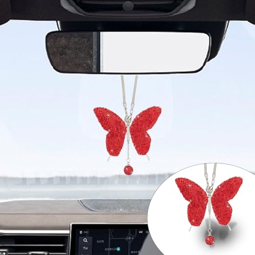 Bling Butterfly Diamond Car Hanging Accessories, Crystal Car Rear View Mirror Charms Car Decorative Accessories for Women, Lucky Presents Hanging Ornament Pendant Decor for All Cars (Red) - size: Red