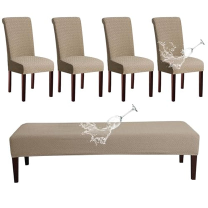 Waterproof Dining Room Chair Cover Set Jacquard Chair Slipcover Washable Parsons Chair Slipcover Removable Seat Protector for Dining Room Hotel Restaurant - 4 PCS Chair Cover+1 PC Bench Cover