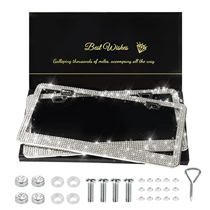 QUANQIUFEI 2 Pack Bling License Plate Frames for Women, Sparkly Rhinestone Diamond Car Accessories with Glitter Crystal Caps (White) - color: White