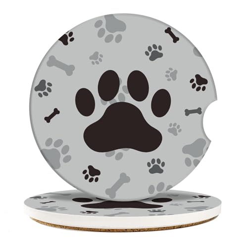 Absorbent Car Coasters 2 Pack for Cup Holders, 2.56" Ceramic Stone & Non-Scratch Cork Base Drink Coasters Dog Footprints
