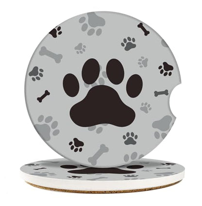 Absorbent Car Coasters 2 Pack for Cup Holders, 2.56" Ceramic Stone & Non-Scratch Cork Base Drink Coasters Dog Footprints