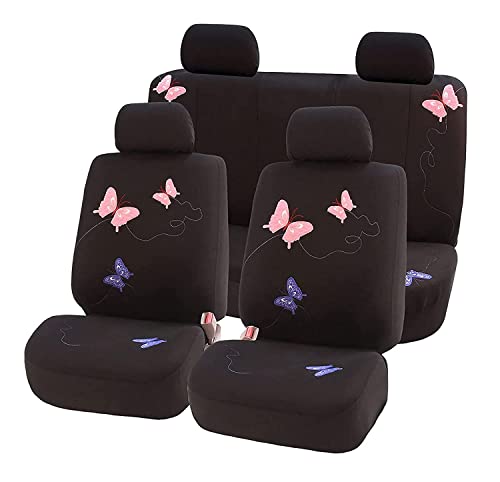FH Group Full Set Butterfly Cloth Car Seat Covers - Universal Fit, Low Back Front Seat Covers, Solid Back Seat Cover, Washable Seat Cover for SUV, Sedan, Van, Black - color: Black Butterfly, size: Full Set