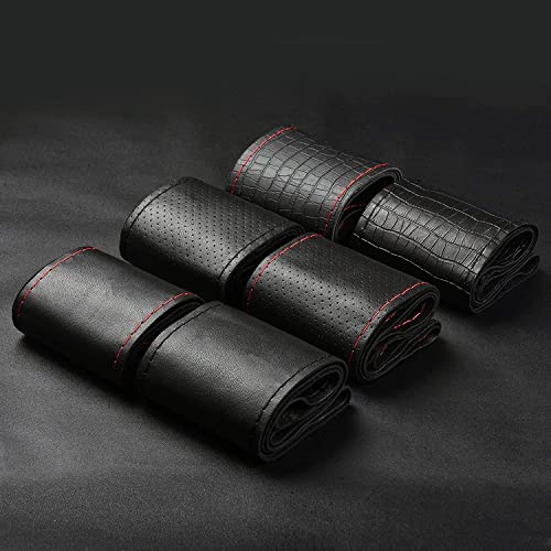 Top Genuine Leather Steering Wheel Cover Universal 15 Inch with Anti-Slip Design and Soft Padding,Steering Wheel Stitch on Wrap - color: black
