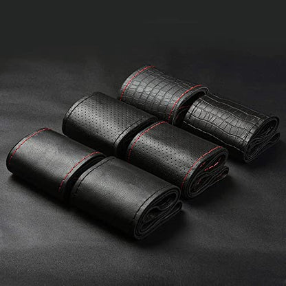 Top Genuine Leather Steering Wheel Cover Universal 15 Inch with Anti-Slip Design and Soft Padding,Steering Wheel Stitch on Wrap - color: black