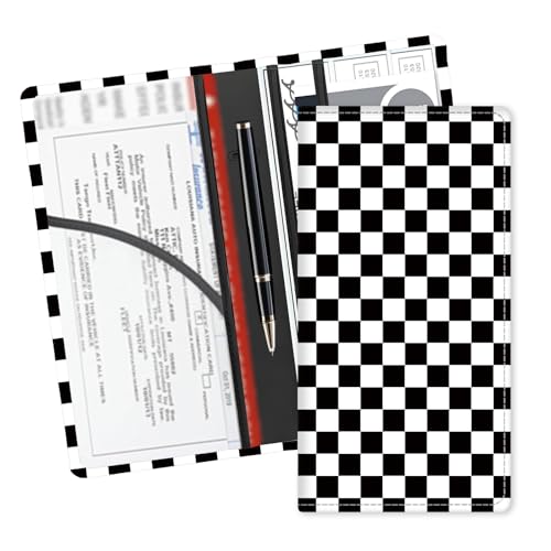 Leather Car Registration and Insurance Card Holder, Cute Car Accessories Vehicle Glove Box Car Organizer for Documents, Cards, License Black White Checkerboard
