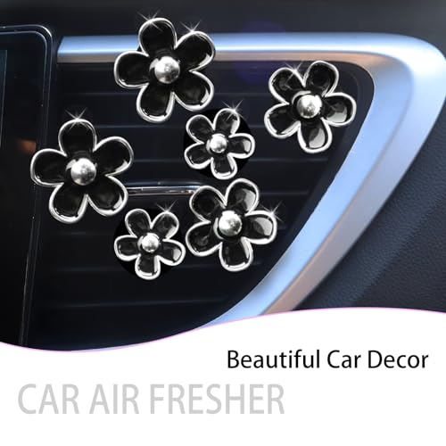 ORIESSE 6pcs Flower Car Air Freshener Vent Clips,Girly Daisy Car Accessorie for Women,3 Sizes Sparkle Black Silver Flowers Vent Clips Decor,Refillable Diffuser
