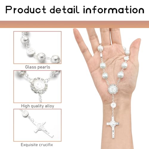 Car Rosary for Rearview Mirror, Personalized Rear View Cross Blessing Beads Decor, Auto Rearview Catholic Rosary Hanging Pendant, Car Interior Hanging Accessories (Silver)