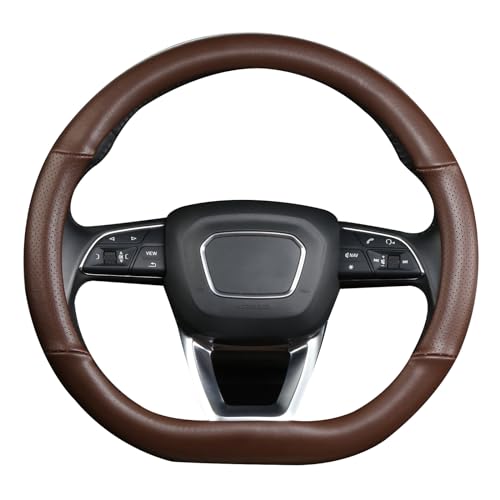 D Shaped Steering Wheel Cover, Genuine Leather Flat Bottom Stearing Wheel Cover Luxury Car Accessories 14 1/2-15 inch (Brown)