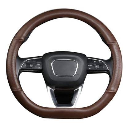 D Shaped Steering Wheel Cover, Genuine Leather Flat Bottom Stearing Wheel Cover Luxury Car Accessories 14 1/2-15 inch (Brown)