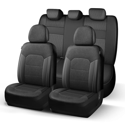 HChengkikz Seat Covers Full Set, Air Mesh and Faux Leather Car Seat Covers, Airbag Compatible Car Seat Cover, Universal Automotive Protection Comfort for Most Cars, Vans, Trucks, SUVs (Black) - color: N812 Black, size: Full Set