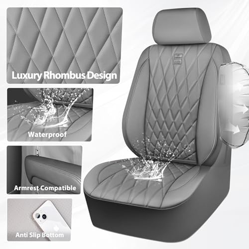 CAR PASS Piping Luxury PU Leather Two Front Car Seat Covers, Waterproof Anti Slip Seat Covers Compatible with Front Seat Armrests,Universal Fit for Suvs,Vans,Trucks,Airbag Compatible(All Gray) - color: All Gray, size: Two Front