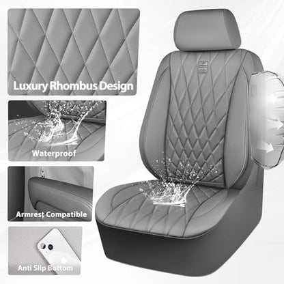 CAR PASS Piping Luxury PU Leather Two Front Car Seat Covers, Waterproof Anti Slip Seat Covers Compatible with Front Seat Armrests,Universal Fit for Suvs,Vans,Trucks,Airbag Compatible(All Gray) - color: All Gray, size: Two Front