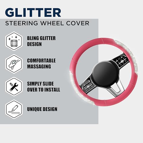 PIC AUTO Steering Wheel Cover, Sparkly Crystal Bling Glitter with Hot Pink Leather, Universal Fit 14.5"-15.5" Car Steering Wheels for Girls & Women, Breathable Anti-Slip Steering Wheels Cover - color: Hot Pink