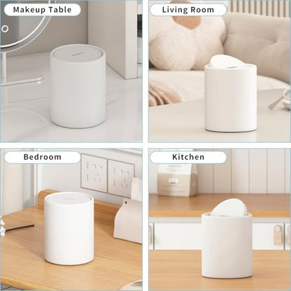 Mini Desk Trash Can with Lid for Desk,0.4 Gallon Brushed Stainless Steel Countertop Trash Can with Lid for Desktop Car Office Kitchen, Swing Top Trash Bin with a Roll of Trash Bag（White）