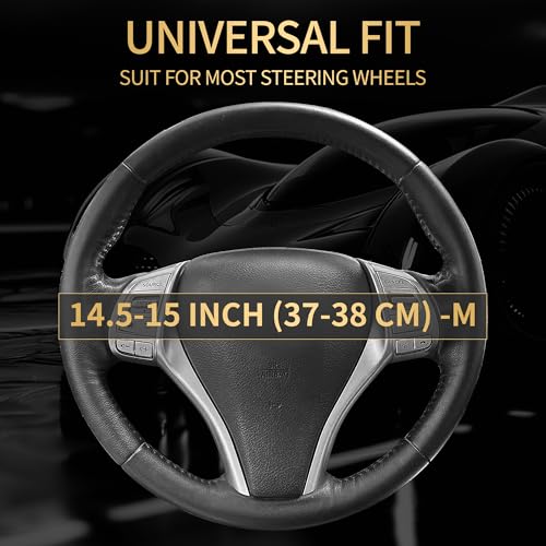 Leather Car Steering Wheel Cover,Anti-Slip, Safety,Soft,Breathable,Heavy Duty,Thick,Full Surround, Sports Style,Universal Car Accessories for Women Men Fit 14" 1/2-15"(Black with White line) - color: Black White Line