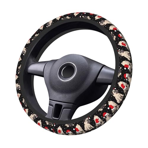 Christmas Pug Cute Dog Black and White Puppy Pug Snowflakes Car Steering Wheel Cover,Non-Slip Elastic Neoprene-Sweat Car Accessories,Universal 15 Inch Fit Auto, Vans Trucks,Suvs, Truck - color: Pug Snowflakes