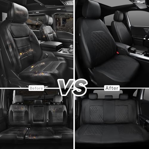 Universal Deluxe Pu Luxury Vinyl Faux Leather Car Seat Covers Full Set, Airbag Compatible, Breathable, Fit for Cars, Trucks, SUV (All Black) - color: Black and Black, size: Full Set