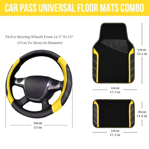 CAR PASS Leather Steering Wheel Cover and Waterproof Car Floor Mats,Microfiber Universal Car Combo Fit for 95% Sedan SUV Van Truck,14.5-15 inch Sporty Anti-Slip Safety Comfortable Design, Black＆Yellow - color: Black&Yellow