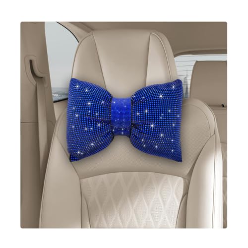 Yourkar Bling Car Seat Neck Pillow, Soft Bling Bowknot Headrest Neck Support Rest Cushion, Neck Relax Head Rest Auto Pillow with Crystal Rhinestone for Women, Car Accessories (Blue) - color: Blue