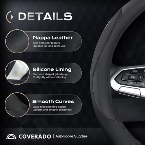 Coverado Car Steering Wheel Cover, Nappa Leather Black Steering Wheel Covers for Women, Universal 14-15 inch, Anti-Slip, Breathable Steering Wheel Protector - color: B-Black&Black