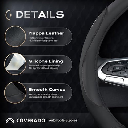 Coverado Car Steering Wheel Cover, Nappa Leather Black Steering Wheel Covers for Women, Universal 14-15 inch, Anti-Slip, Breathable Steering Wheel Protector - color: B-Black&Black