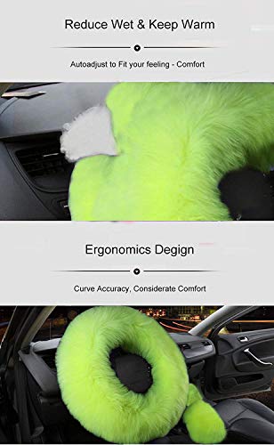Car Steering Wheel Cover Gear Shift Handbrake Fuzzy Cover 1 Set 3 Pcs Multi-Colored with Winter Warm Pure Wool Fashion for Girl Women Ladies Universal Fit Most Car (Grass Green)