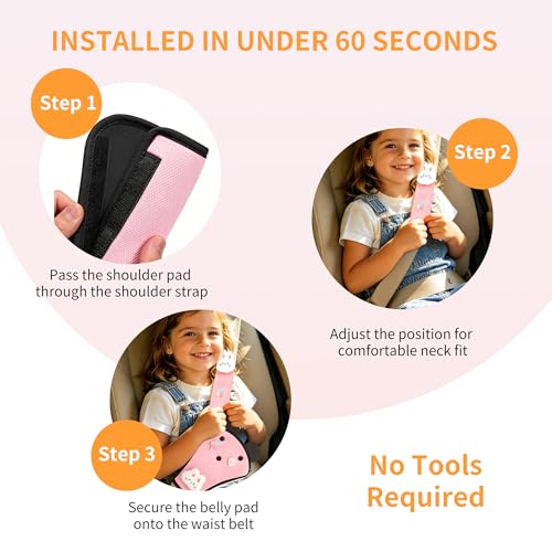Cute Bunny Seat Belt Cover Pads for Kids – Soft Mesh Seatbelt Cushion, Shoulder & Belly Protector, 2-Piece Set - color: Bunny(pink)